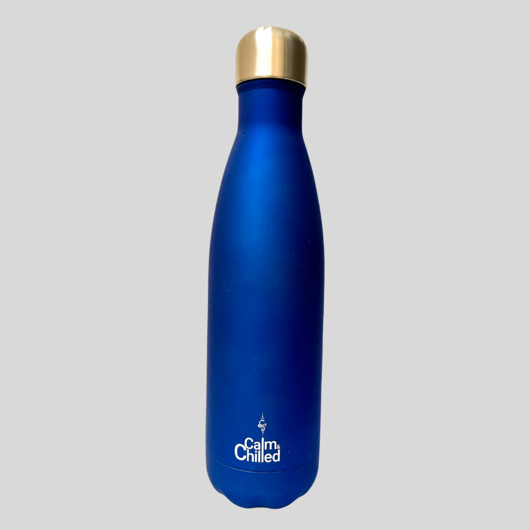 Calm & Chilled Vacuum Insulated 500ml Stainless Steel Water Bottle in Royal Blue Rubber Finish 500ml. Free Personalisation