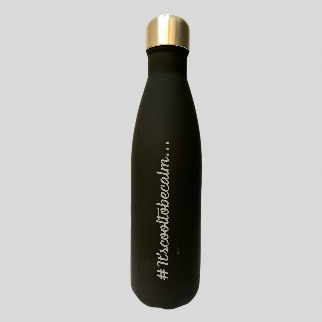 Calm & Chilled Vacuum Insulated 500ml Stainless Steel Water Bottle in Black Rubber Finish 500ml. Free Personalisation